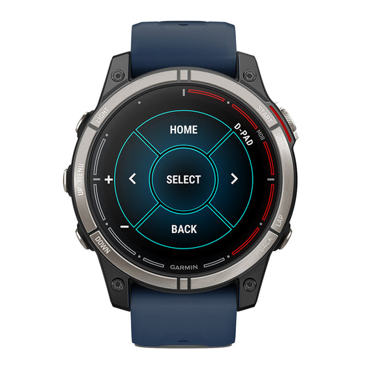 Garmin smartwatch with blue strap and touchscreen menu display