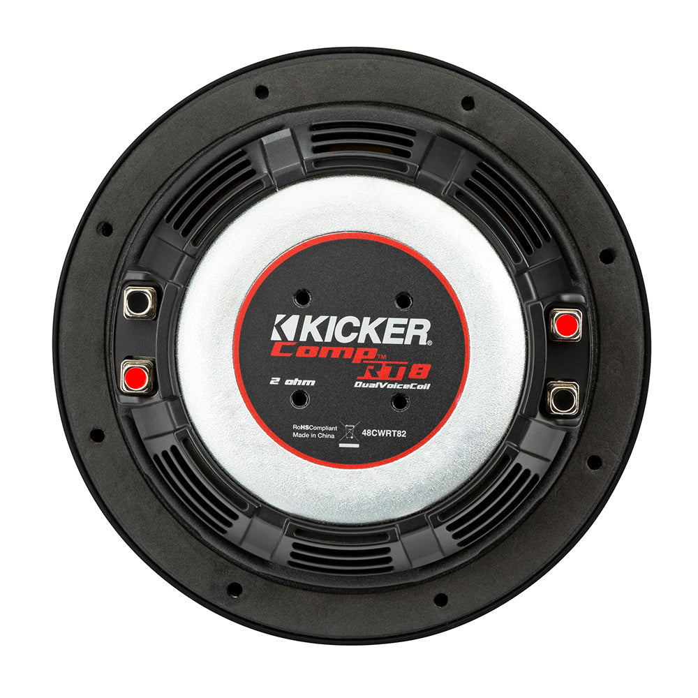 Kicker Comp RT8 8-inch dual voice coil subwoofer with 2 ohm impedance for car audio systems