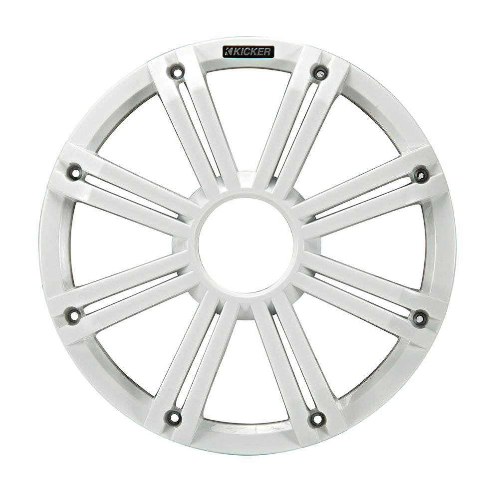 White Kicker marine speaker grille with sleek radial design for boat audio systems