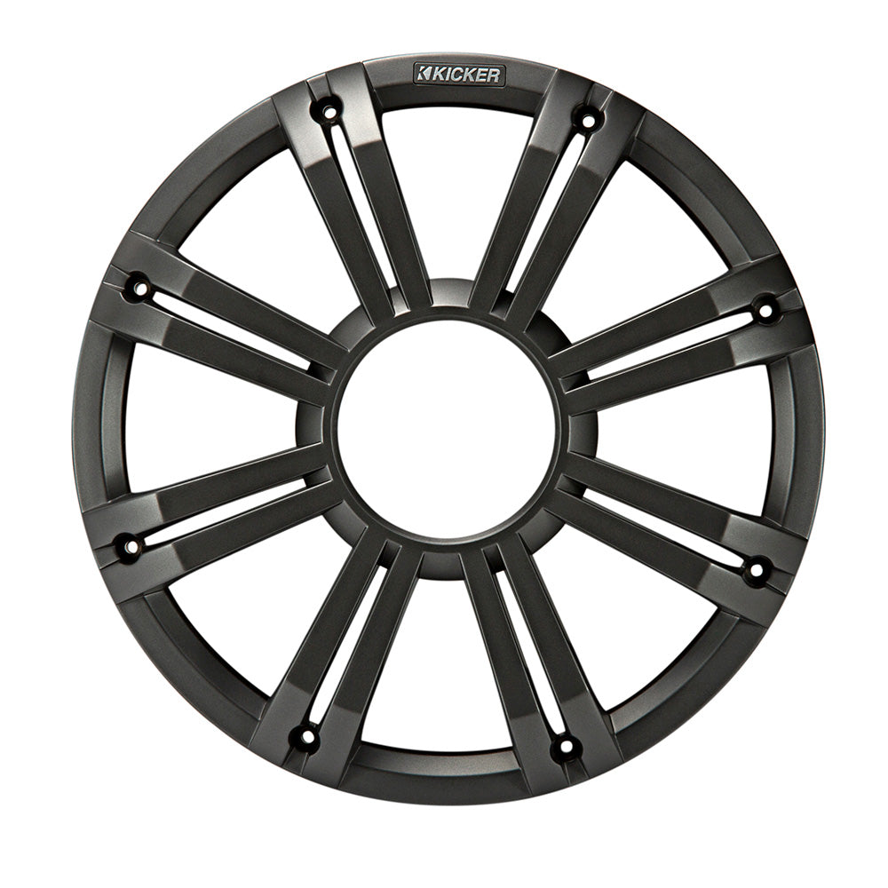 Kicker speaker grille with sleek black finish and radial design for car audio systems