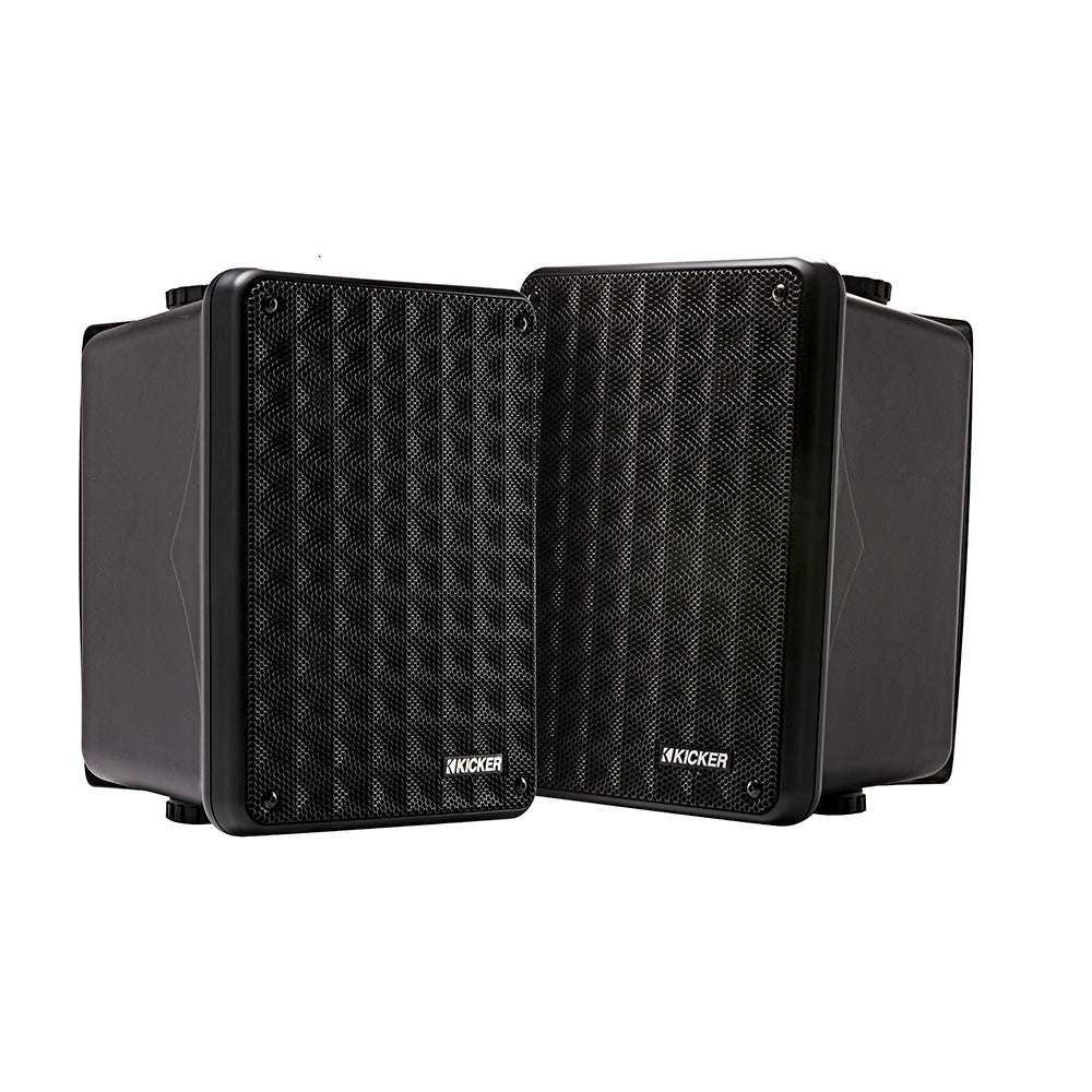 Kicker marine speakers with black mesh grilles, ideal for boat audio systems and outdoor use.