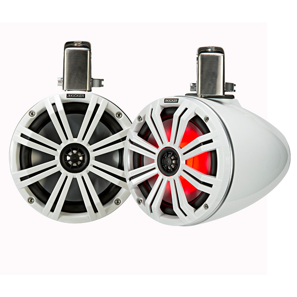 White Kicker marine speakers with red LED lighting, ideal for boat audio systems