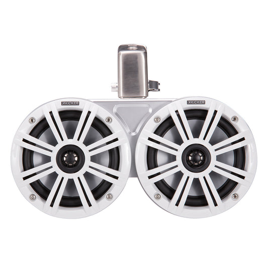 White Kicker marine speakers with silver mount, ideal for boat audio systems