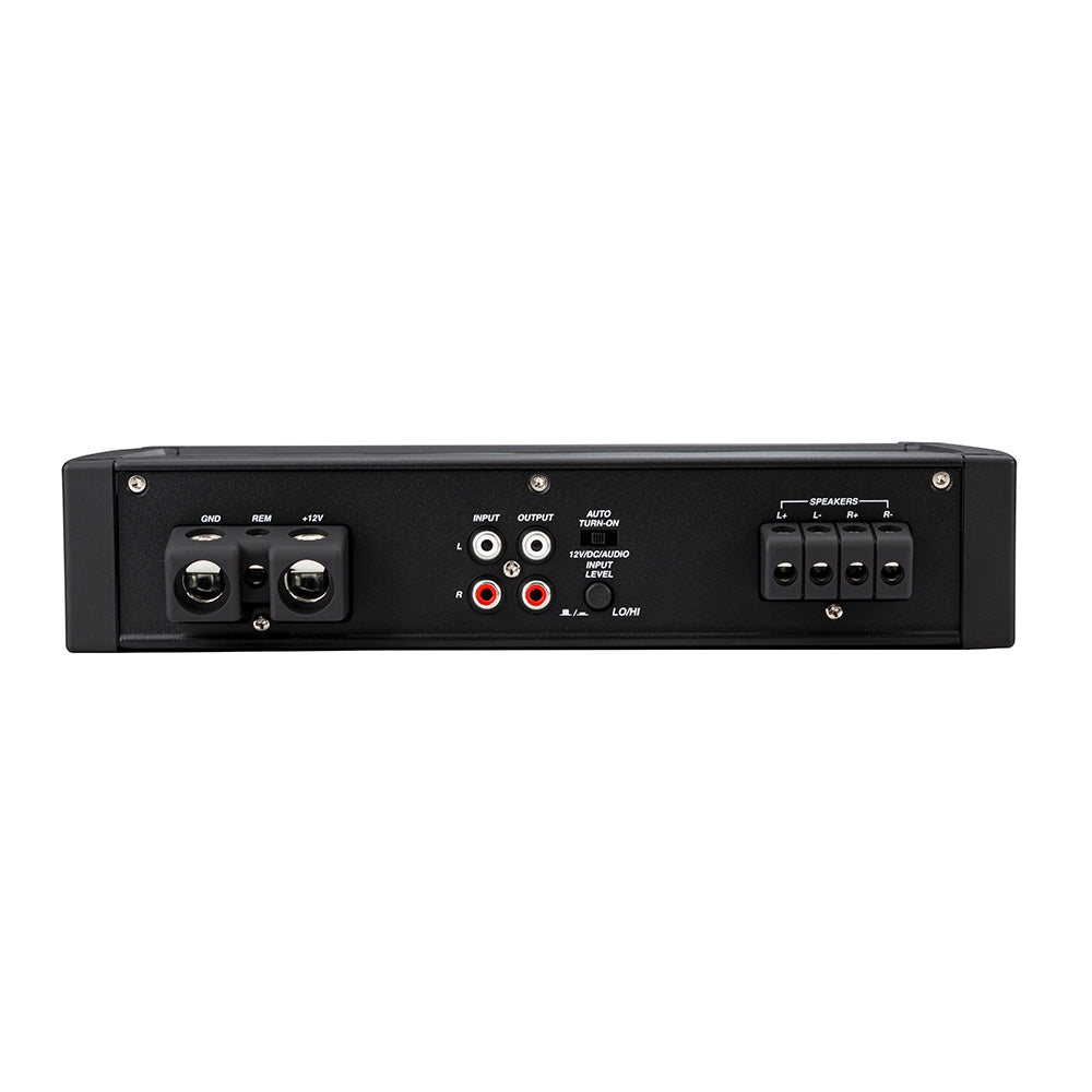 Car audio amplifier rear panel with speaker outputs, RCA inputs, and power terminals for high-quality sound installation