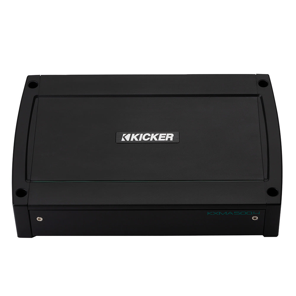 Kicker KXMA500.4 marine amplifier for car audio systems, compact black design with bold branding