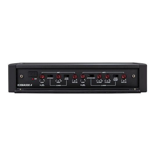 KXMA500.4 car amplifier with red knobs, gain, crossover, and EQ controls for audio installation