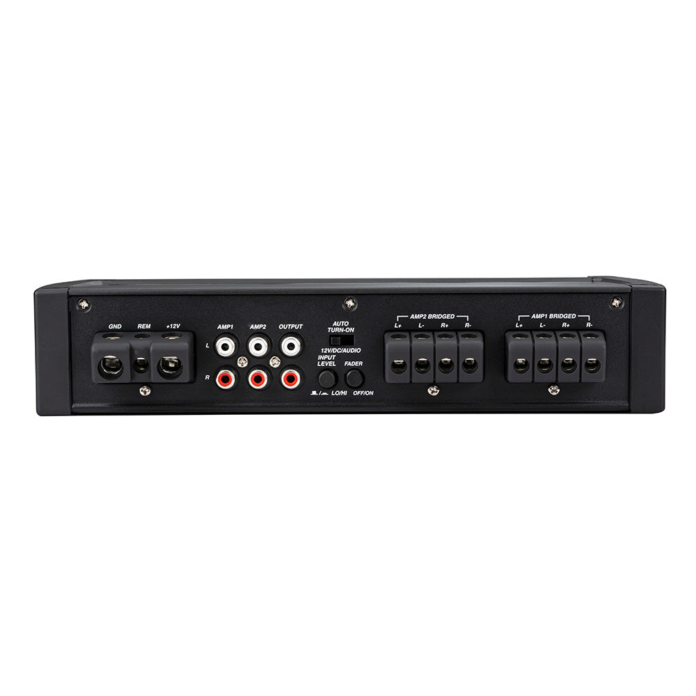 Rear panel of car audio amplifier with RCA inputs, speaker terminals, and power connections for high-quality installation