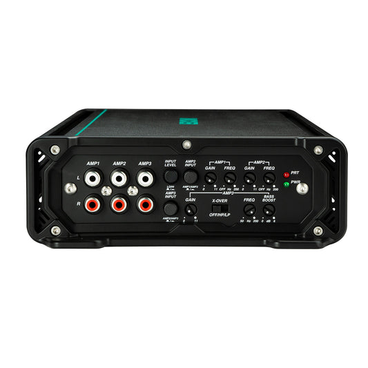 Black car audio amplifier with multiple amp inputs, gain controls, and crossover settings for high-quality sound installation