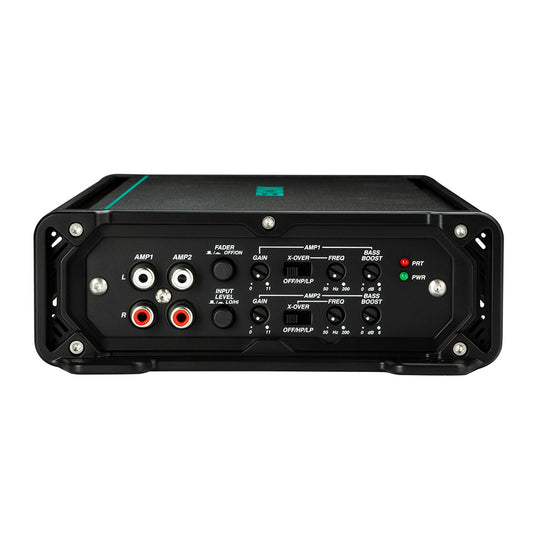 Black car audio amplifier with dual amp inputs, gain controls, crossover, and bass boost knobs for custom sound tuning