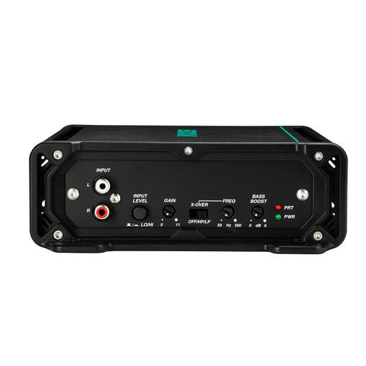 Black car audio amplifier with input, gain, crossover, and bass boost controls for high-quality sound installation