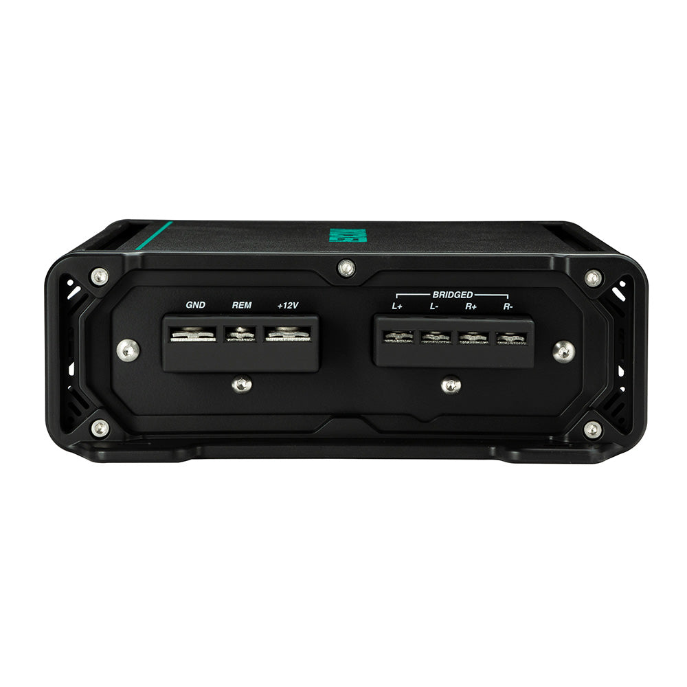 Black car audio amplifier with GND, REM, +12V, and bridged L/R speaker terminals for high-quality audio installation
