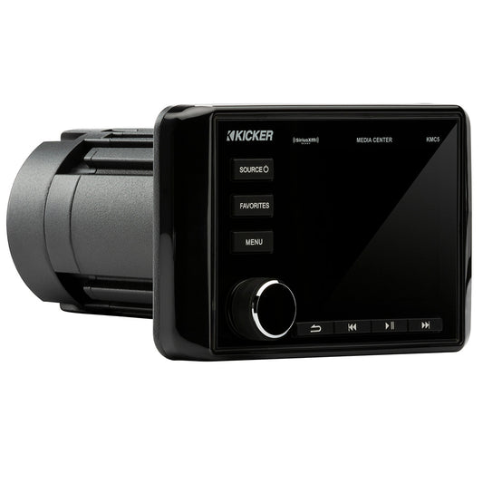 Kicker KMC5 marine media center with SiriusXM, source, favorites, and menu buttons for boat audio systems