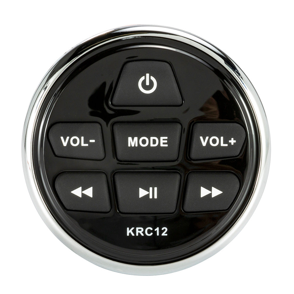 KRC12 marine audio remote control with volume, mode, and playback buttons for boat stereo systems