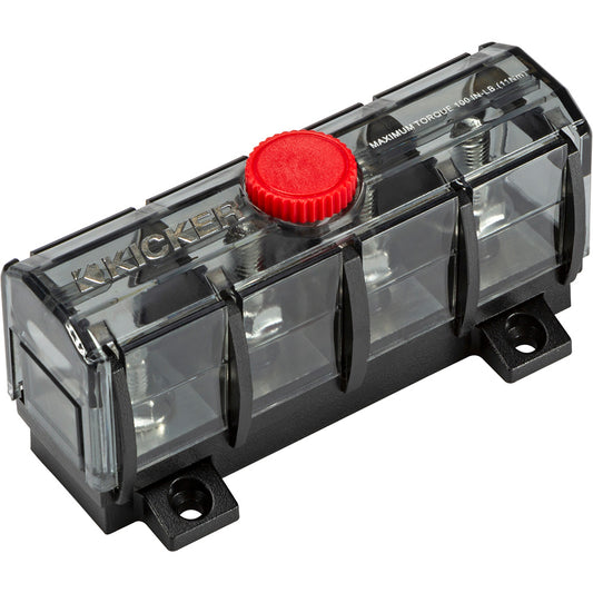 Kicker car audio fuse block with red reset button, clear cover, and 100 in-lb torque rating