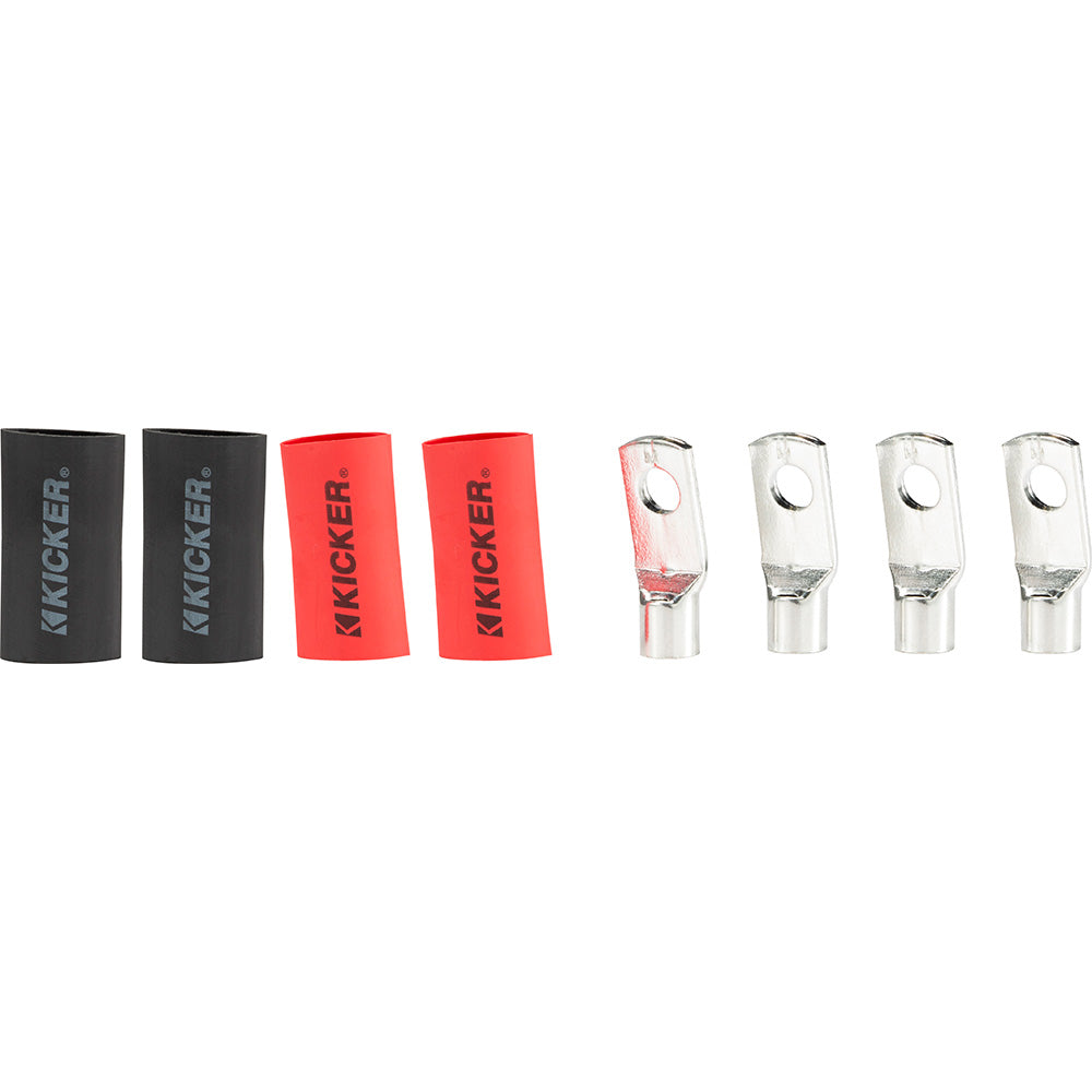 Kicker brand red and black heat shrink tubing with metal ring terminals for car audio installation