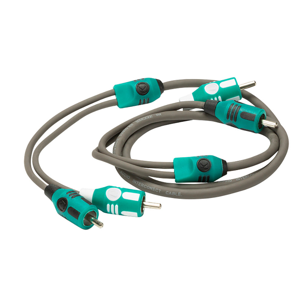 Teal and gray RCA audio interconnect cable for car stereo or home audio systems
