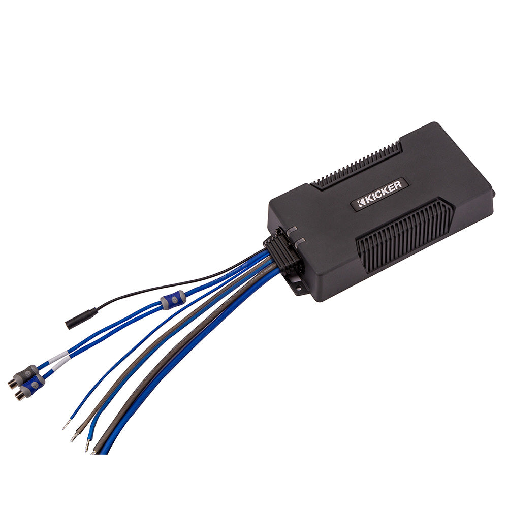 Kicker audio amplifier with blue and black wiring for car stereo installation