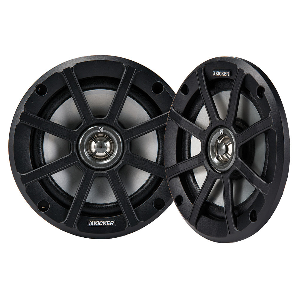 Kicker marine speakers with rugged black grilles for boat audio systems