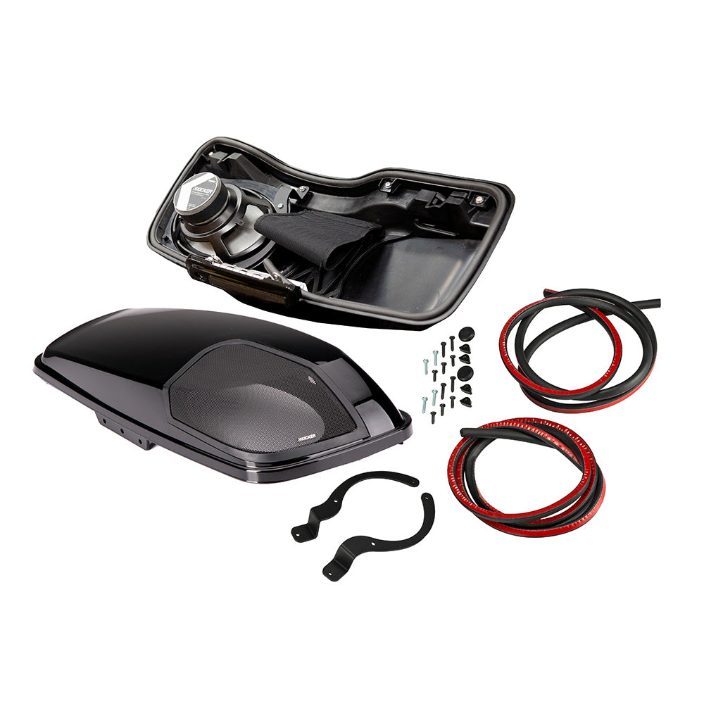 Kicker marine speaker system with enclosure, wiring, and mounting hardware for boat audio installation