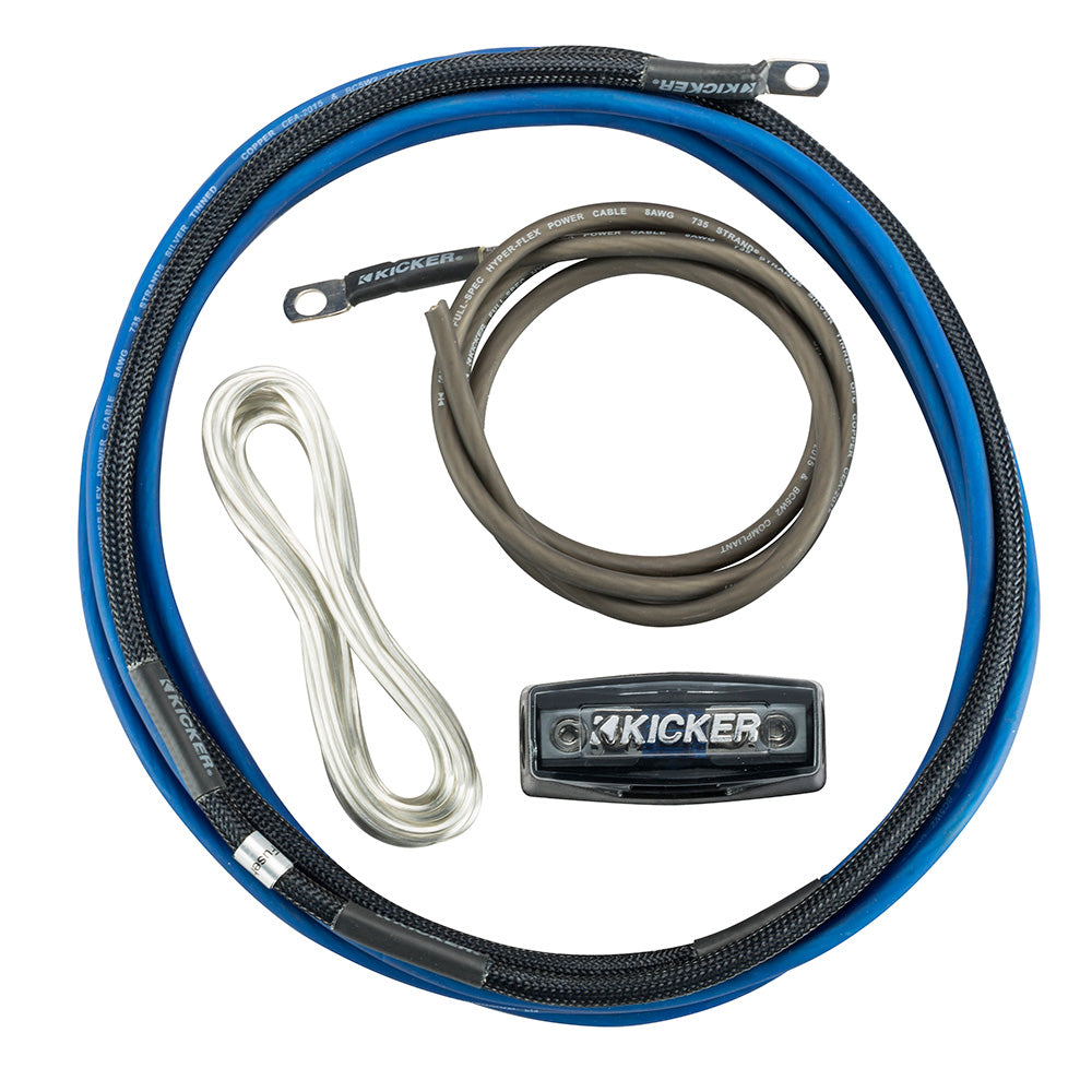 Kicker amplifier wiring kit with blue power cable, fuse holder, and speaker wires for car audio installation