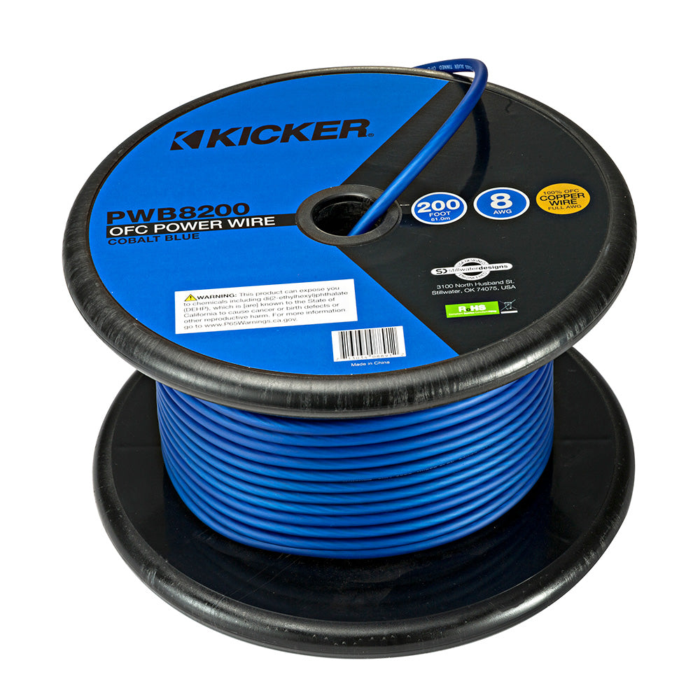 Kicker PWB8200 8 AWG cobalt blue OFC power wire, 200 ft spool for car audio installation