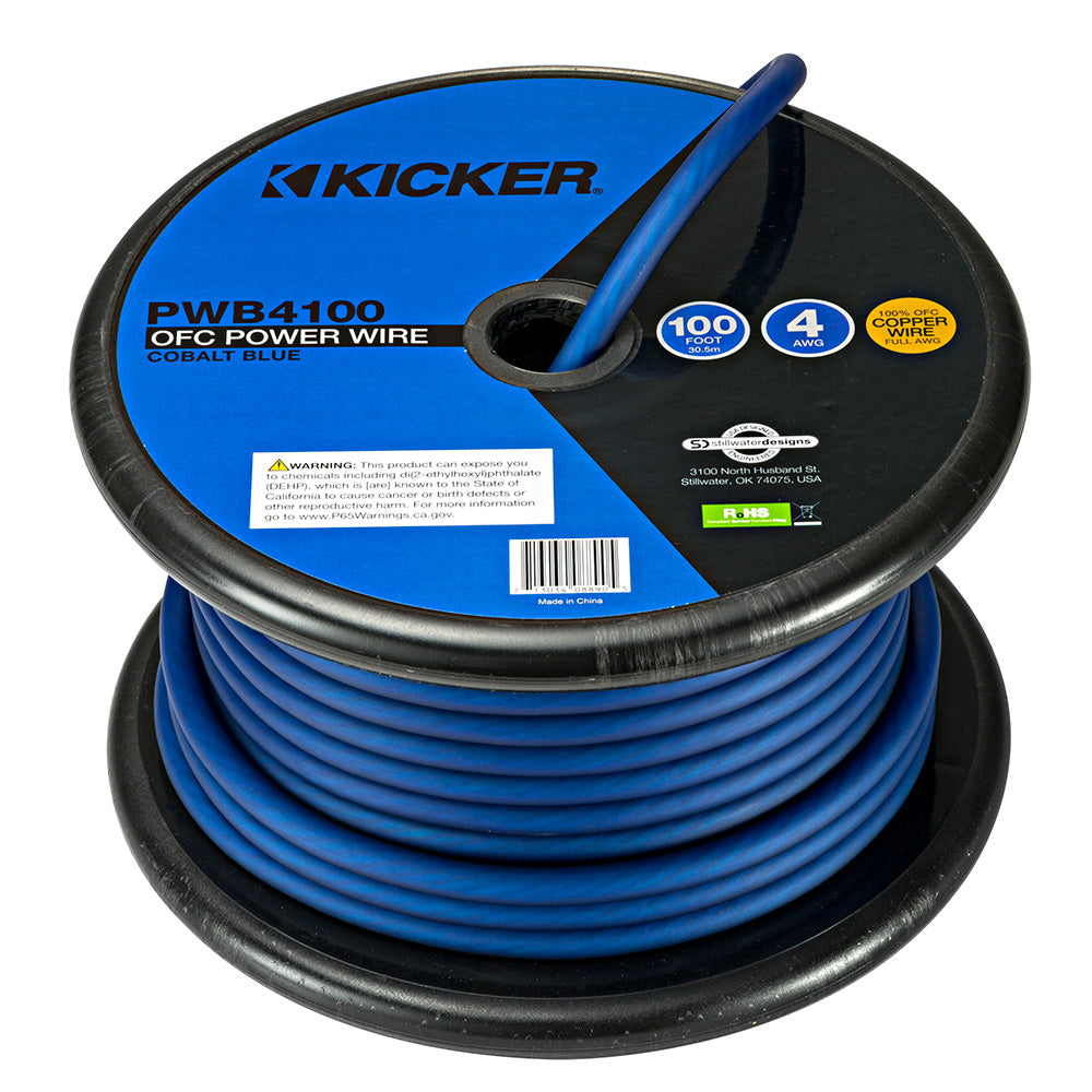 Kicker PWB4100 4 AWG cobalt blue OFC power wire, 100 ft spool for car audio installation