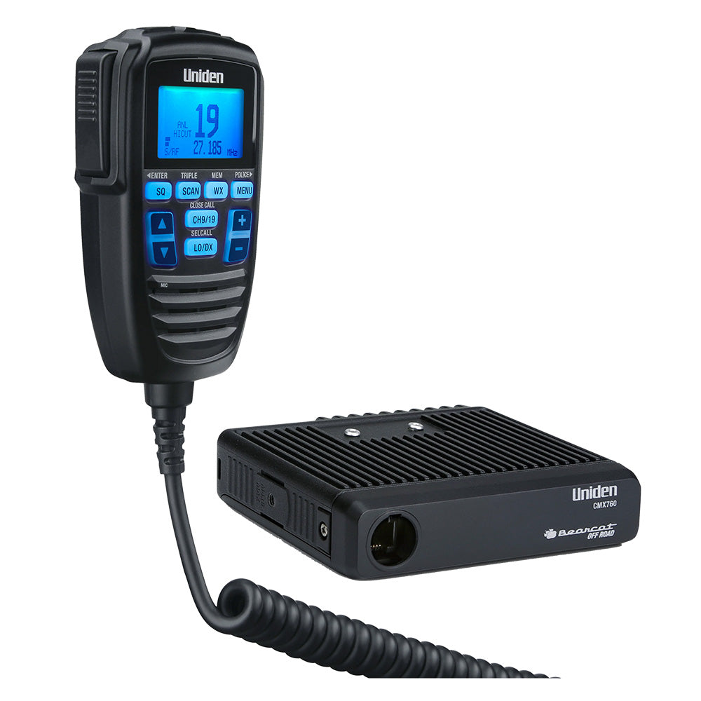 Uniden Bearcat CMX760 off-road CB radio with blue LCD display and coiled mic, ideal for truckers and 4x4 enthusiasts.