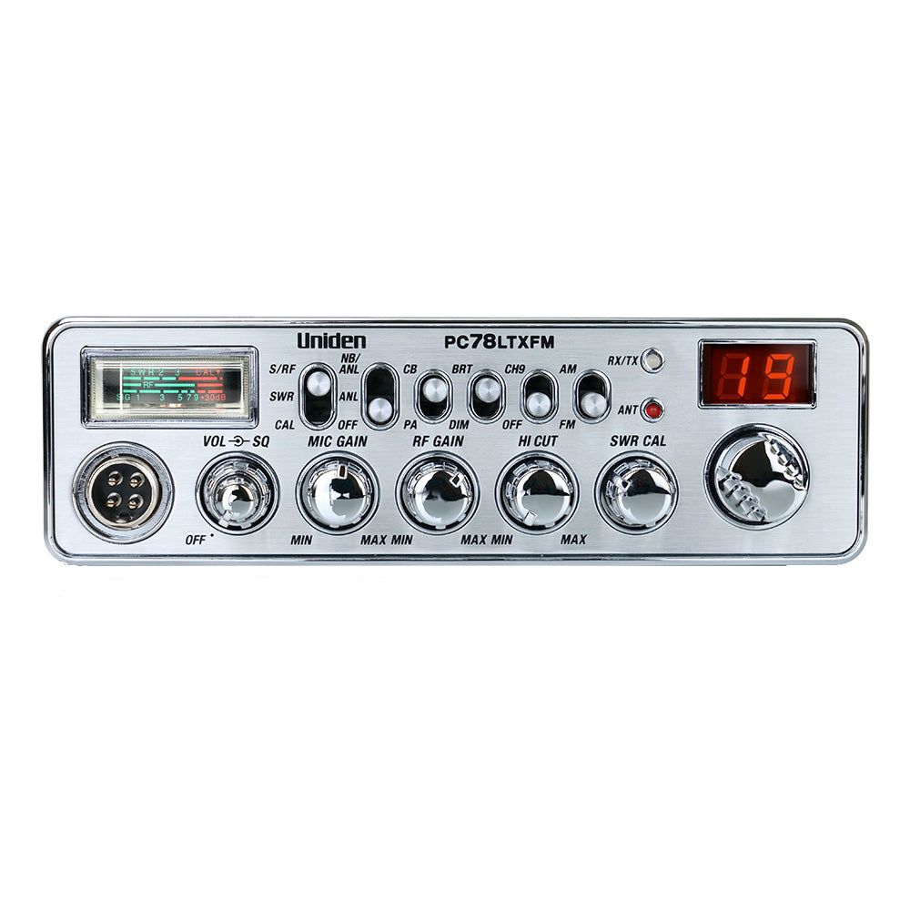 Uniden PC78LTXFM CB radio with chrome knobs, digital display, and SWR meter for truck or car communication.
