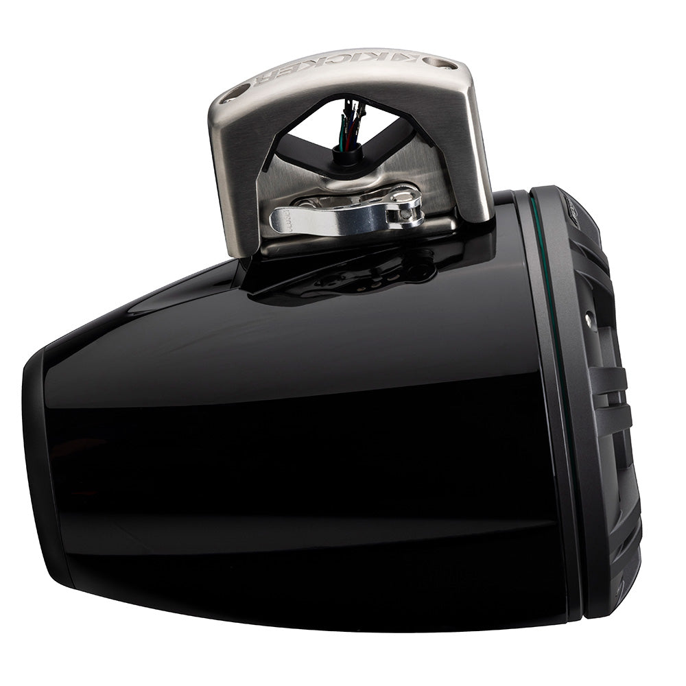 Kicker marine speaker with stainless steel mount, black housing, and wiring for boat audio installation