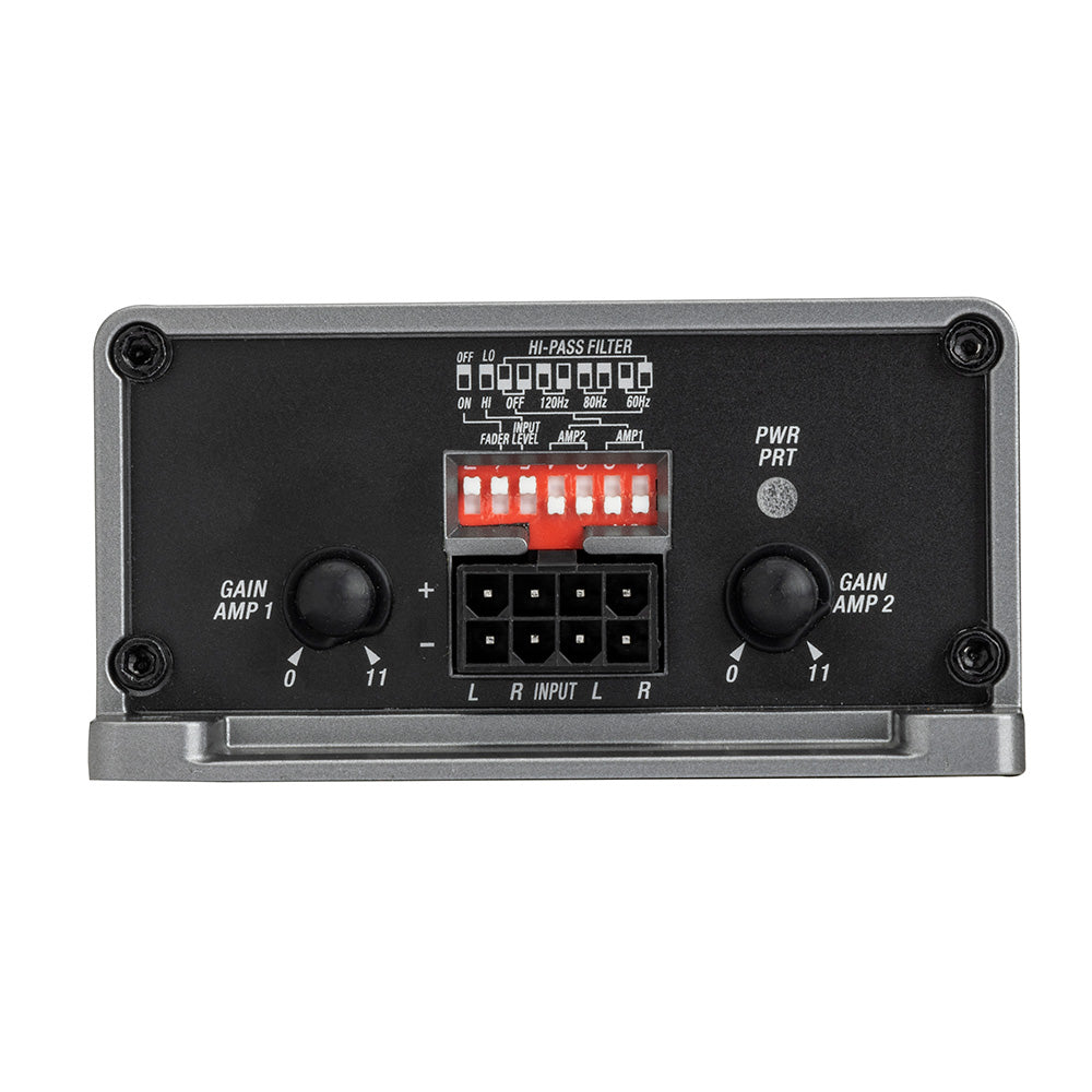Car audio amplifier with gain controls, hi-pass filter switches, and input terminals for AMP1 and AMP2