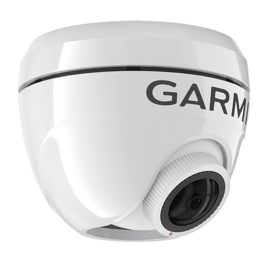 White Garmin dome security camera with adjustable lens for home or business surveillance