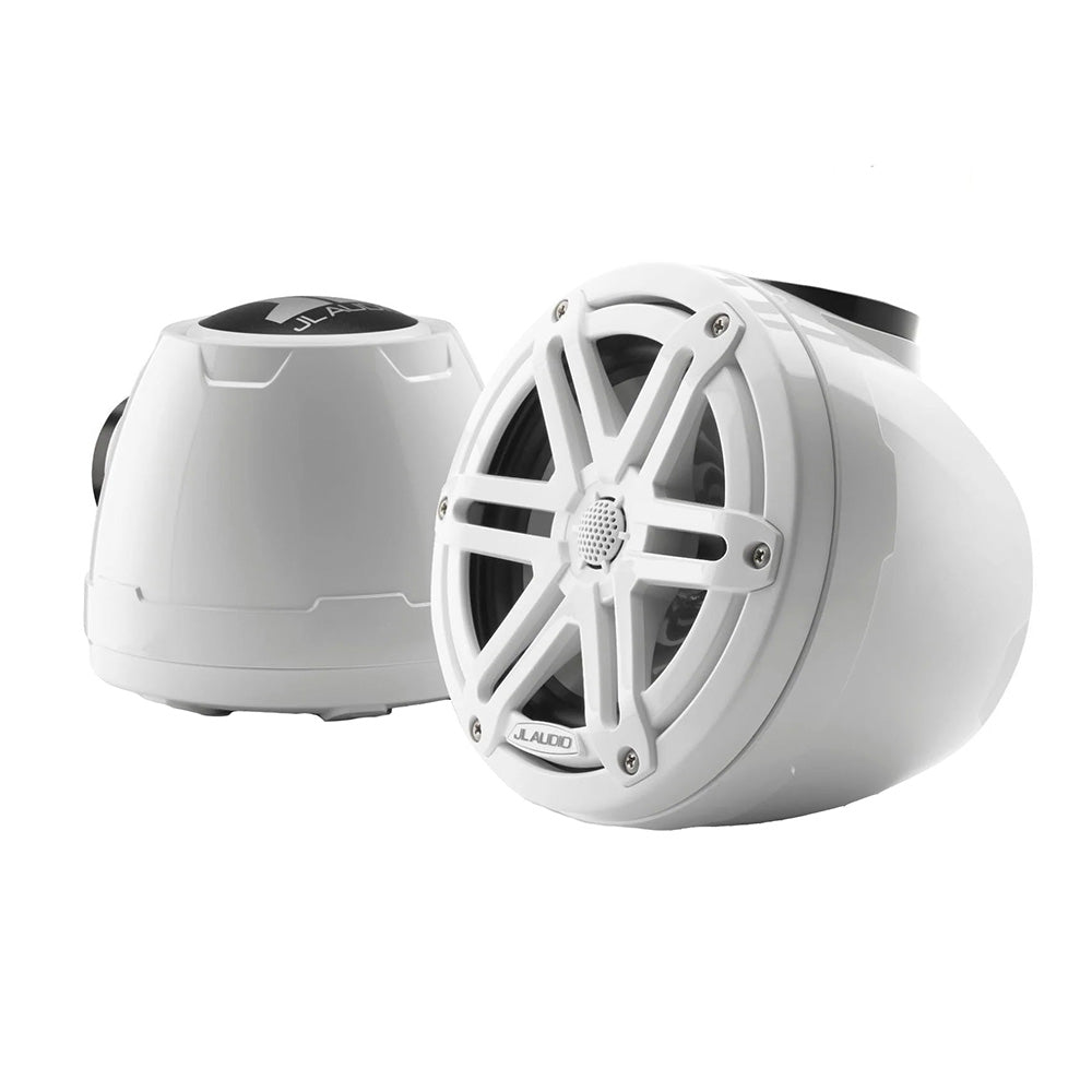 White JL Audio marine speakers with protective grilles for boat audio systems