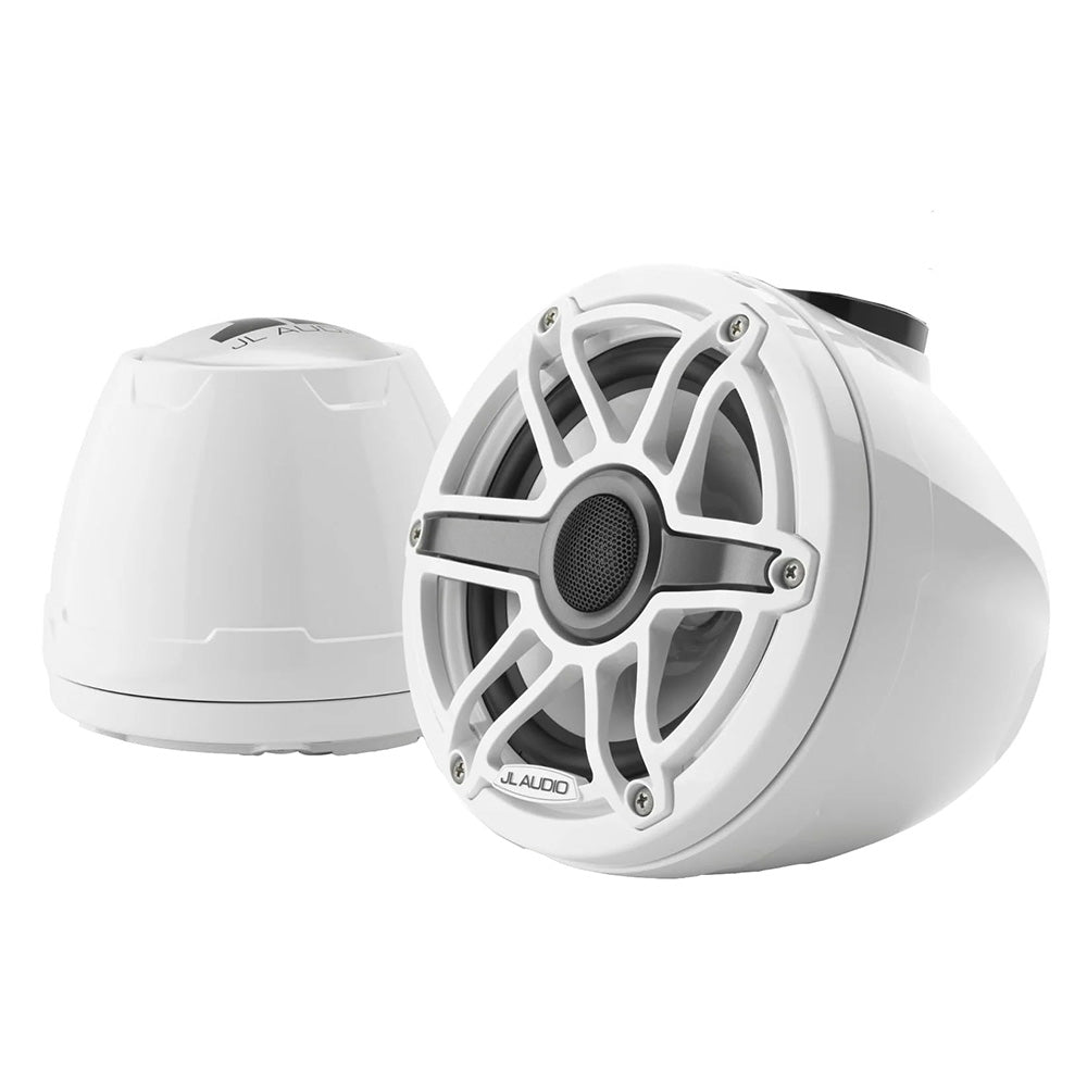 White JL Audio marine speakers with protective grilles, ideal for boat audio systems and outdoor use.