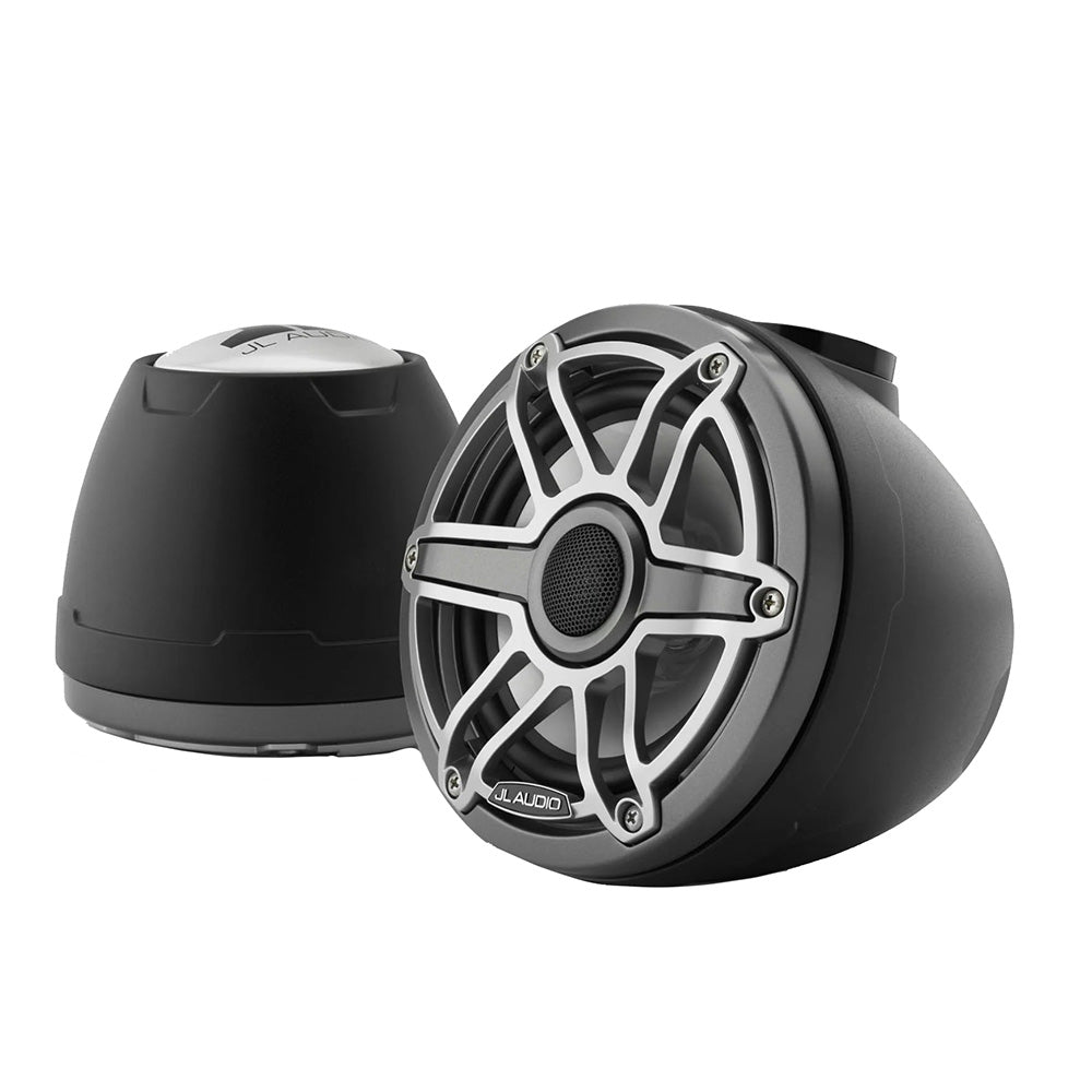 JL Audio marine speakers with rugged black housing and silver grille for boat audio systems