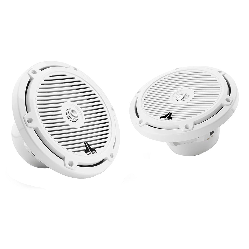 White JL Audio marine speakers with grille, ideal for boat audio systems and outdoor installations