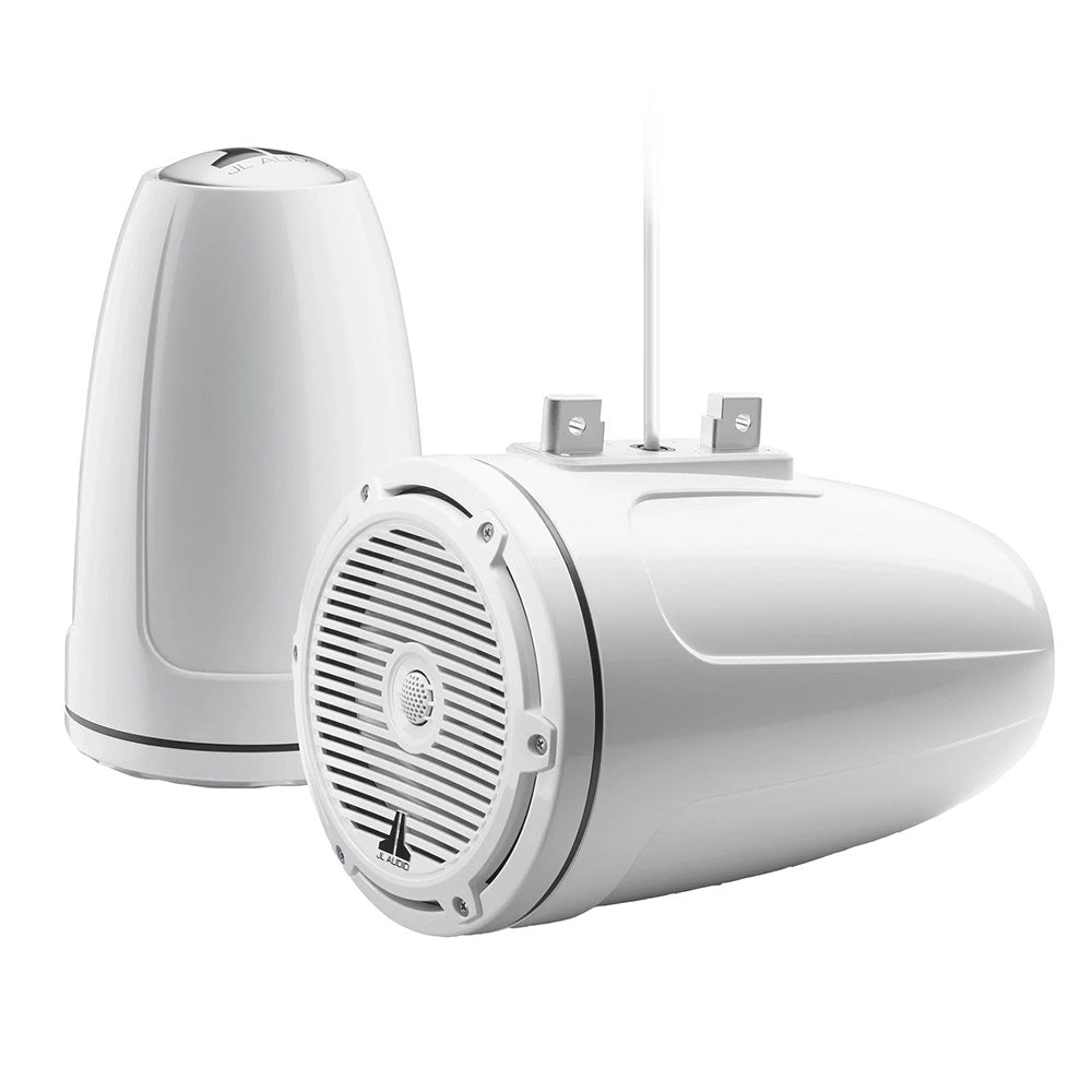White JL Audio marine speakers with grille and mounting hardware for boat audio installation