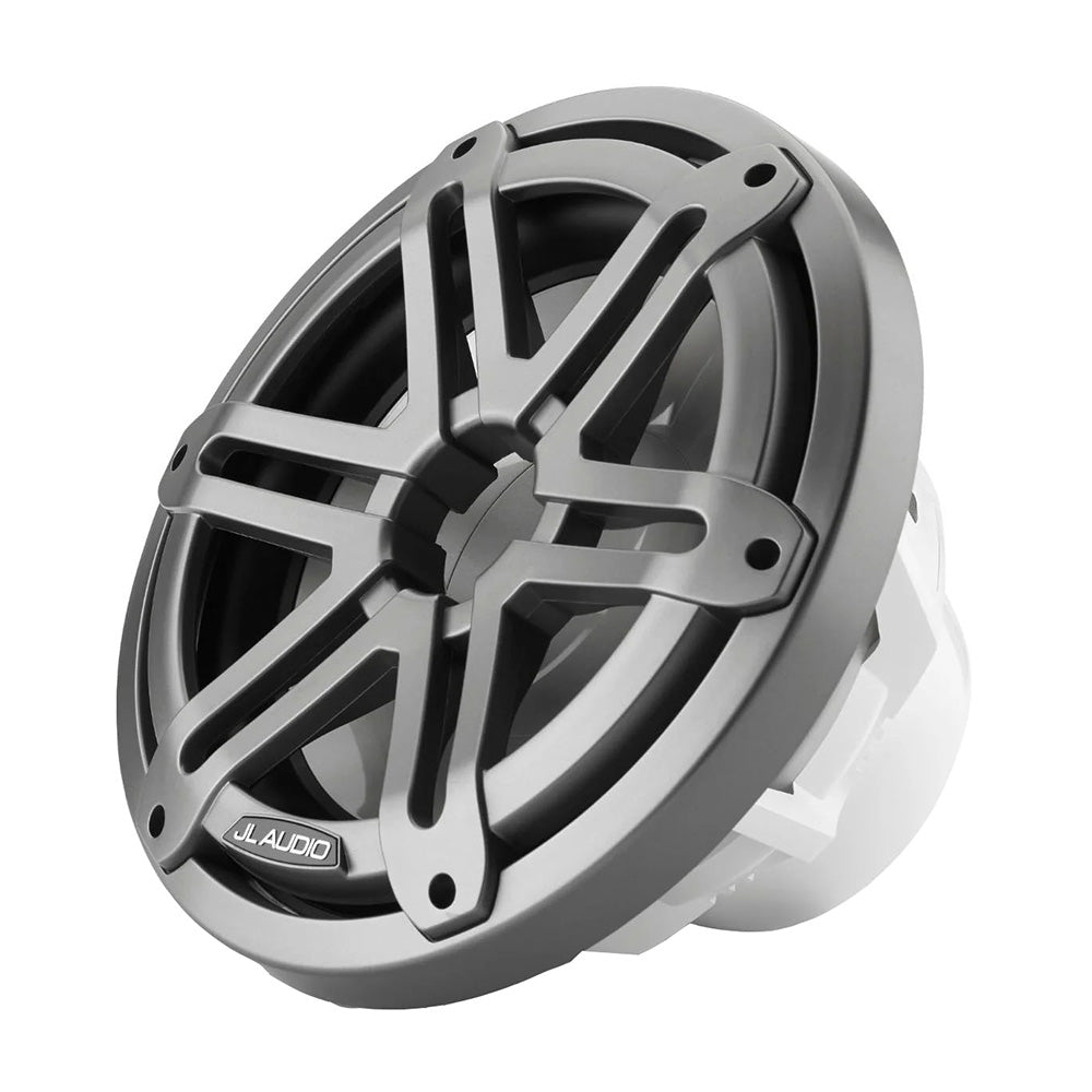 JL Audio marine speaker with rugged gray grille for boat audio systems