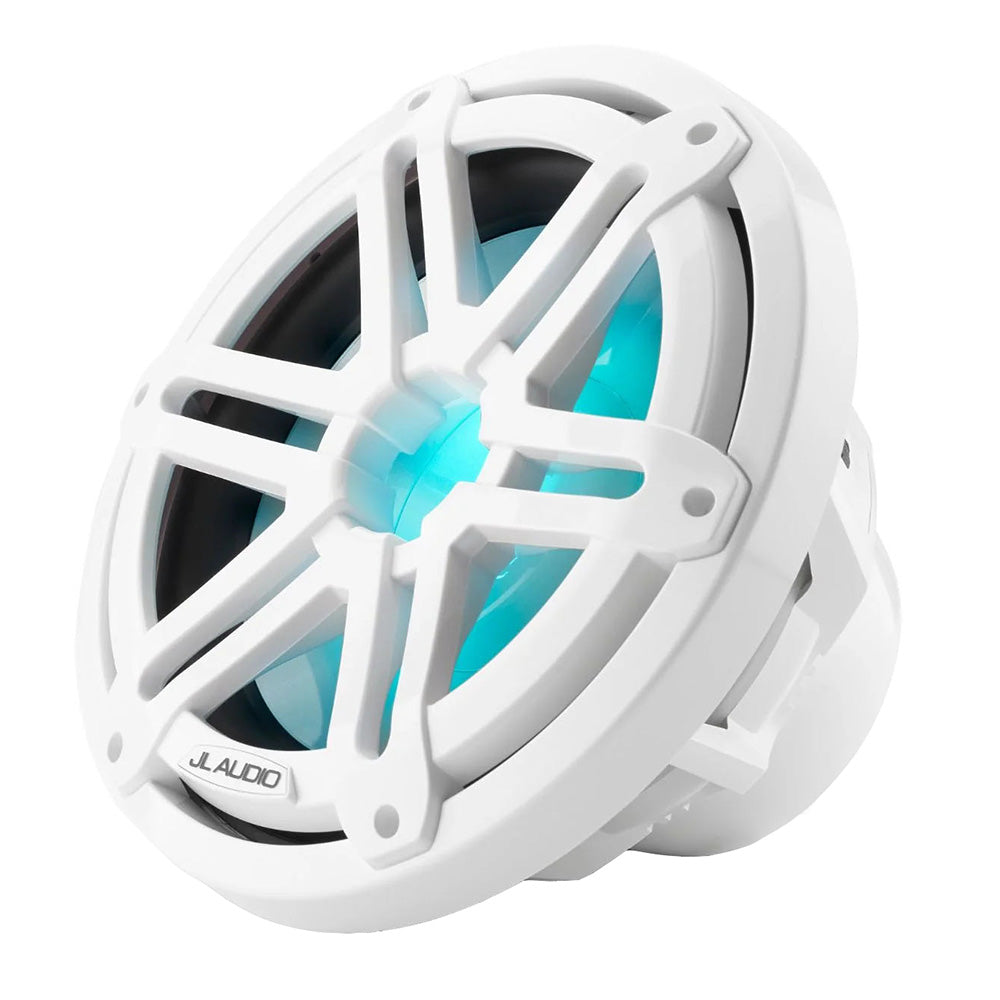 White JL Audio marine speaker with blue LED lighting, ideal for boat audio systems