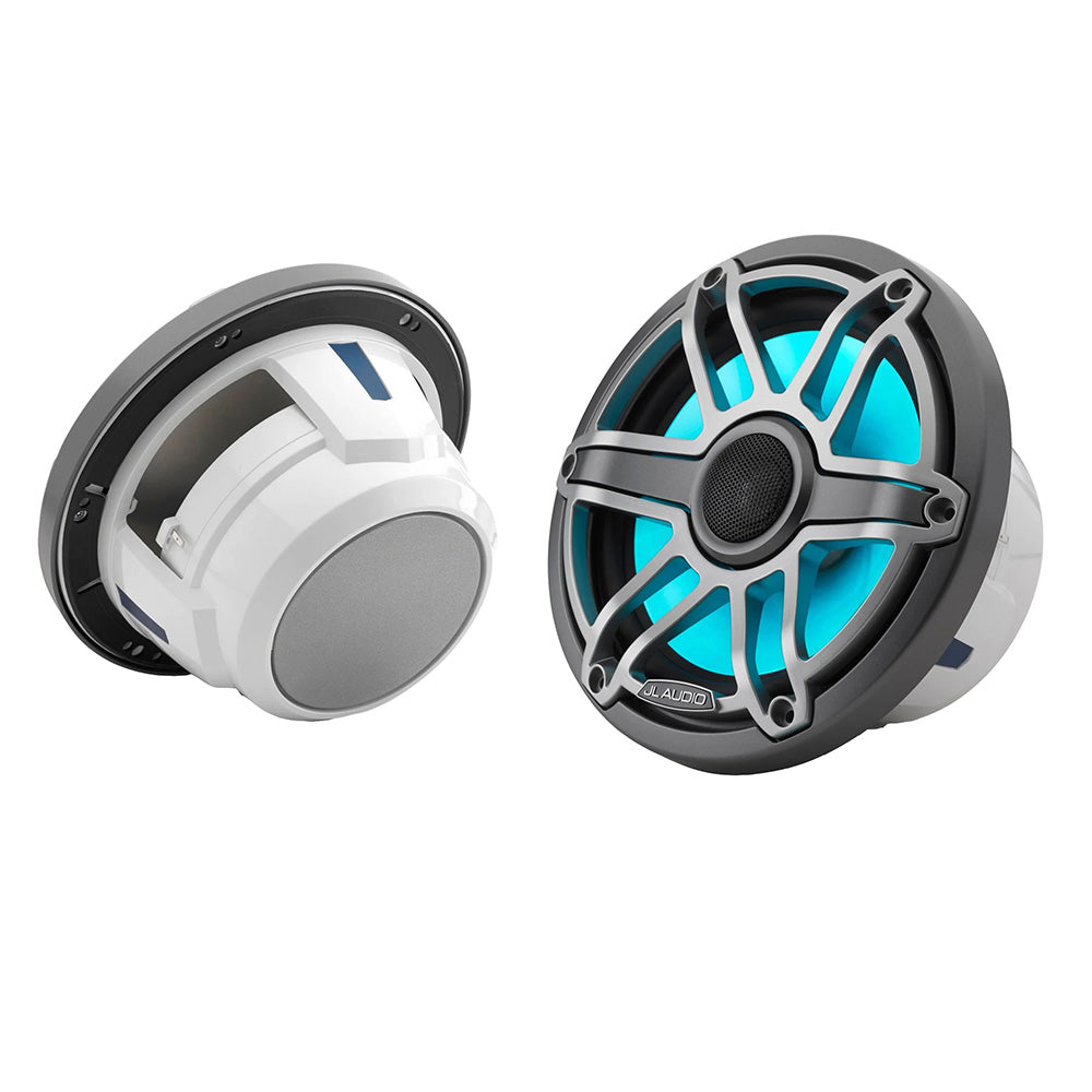 JL Audio marine speakers with blue LED lighting, white and gray design for boat audio systems
