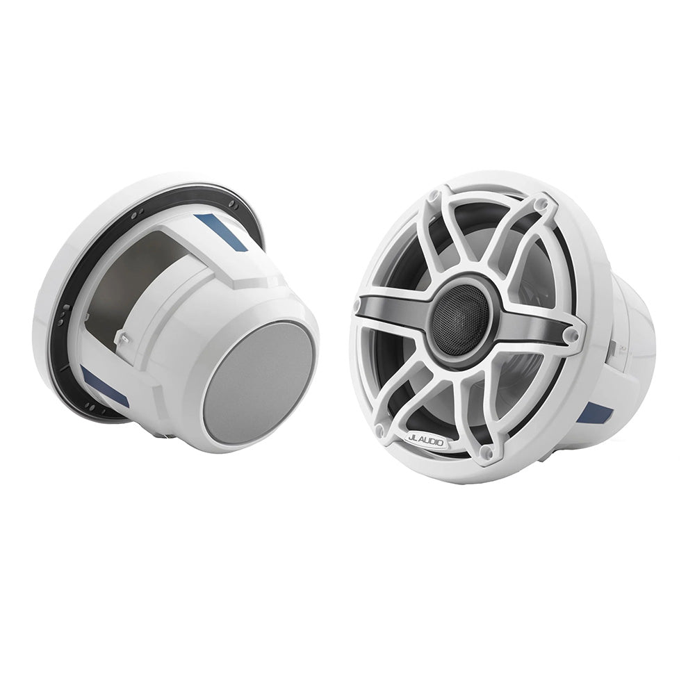 White JL Audio marine speakers with grille, ideal for boat audio systems and outdoor use