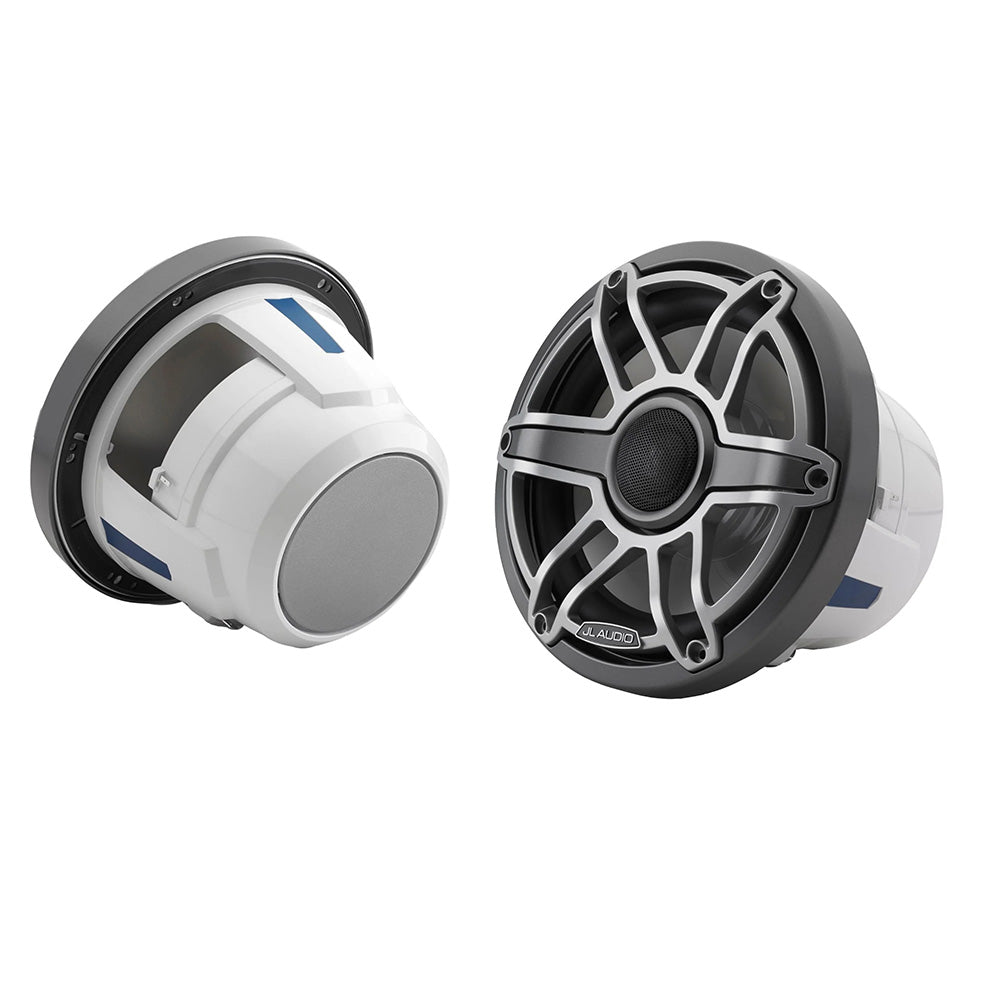 JL Audio marine speakers with white housing and black grilles, ideal for boat audio systems