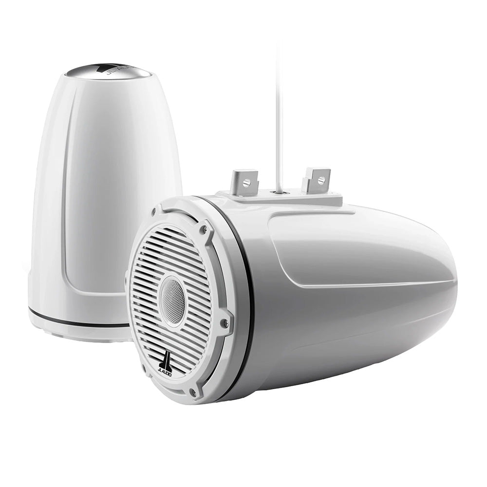 White JL Audio marine speakers with grille and mounting hardware, ideal for boat audio systems