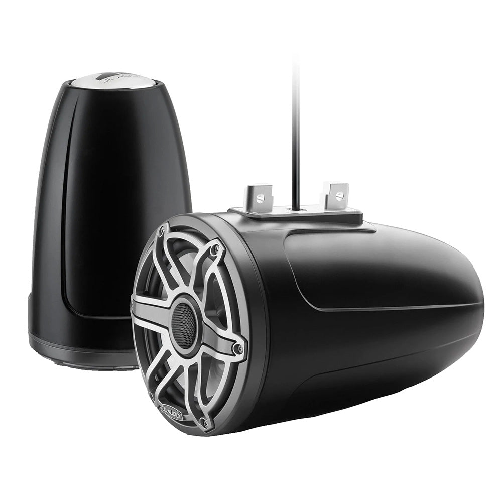 JL Audio marine speakers with black housing and silver grilles, designed for boat audio systems