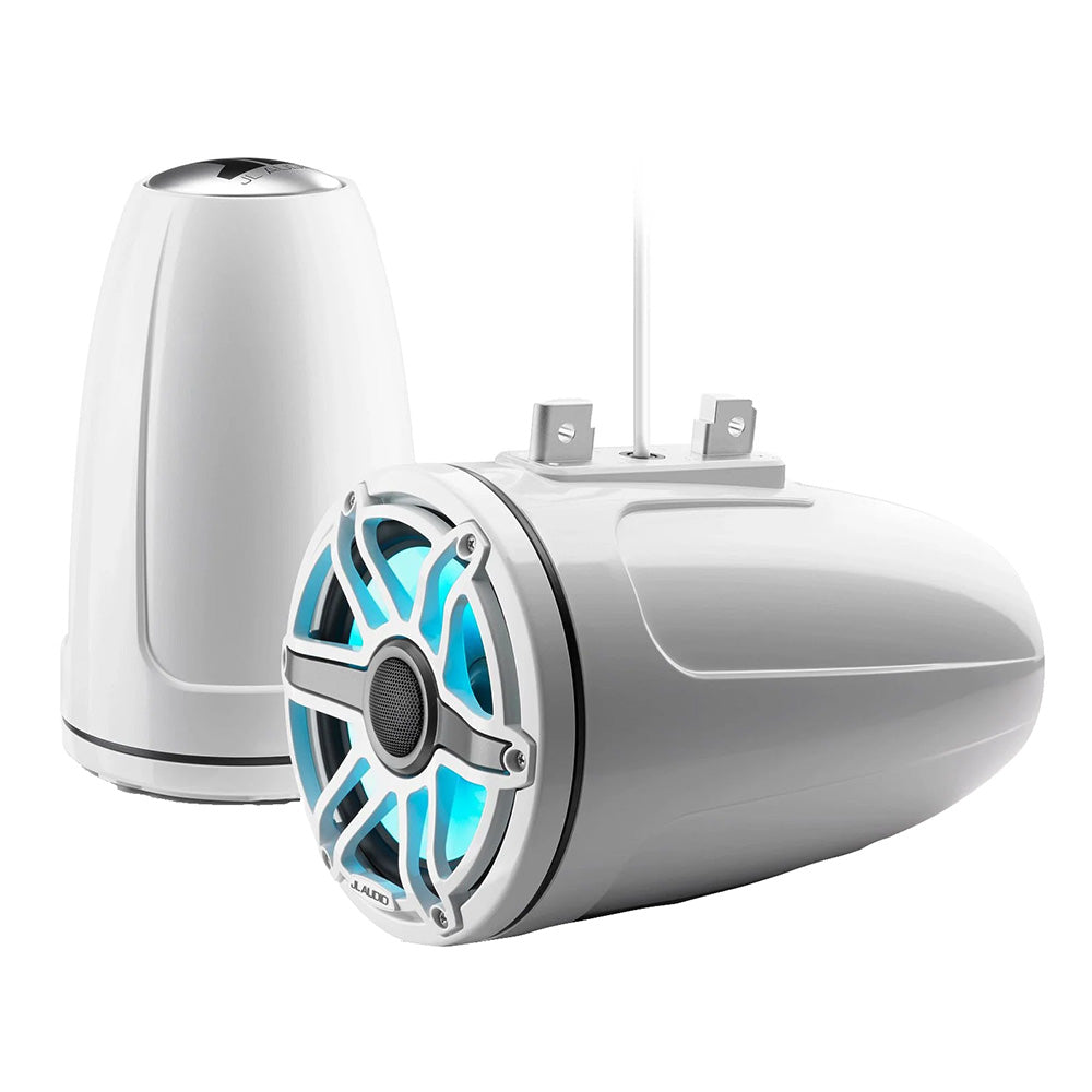 White JL Audio marine speakers with blue LED lighting, designed for boat audio systems