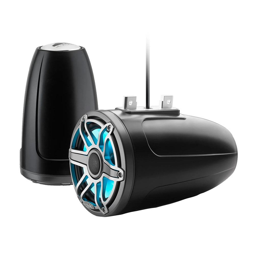 JL Audio marine speakers with blue LED lighting, black housing, and silver grille for boat audio systems