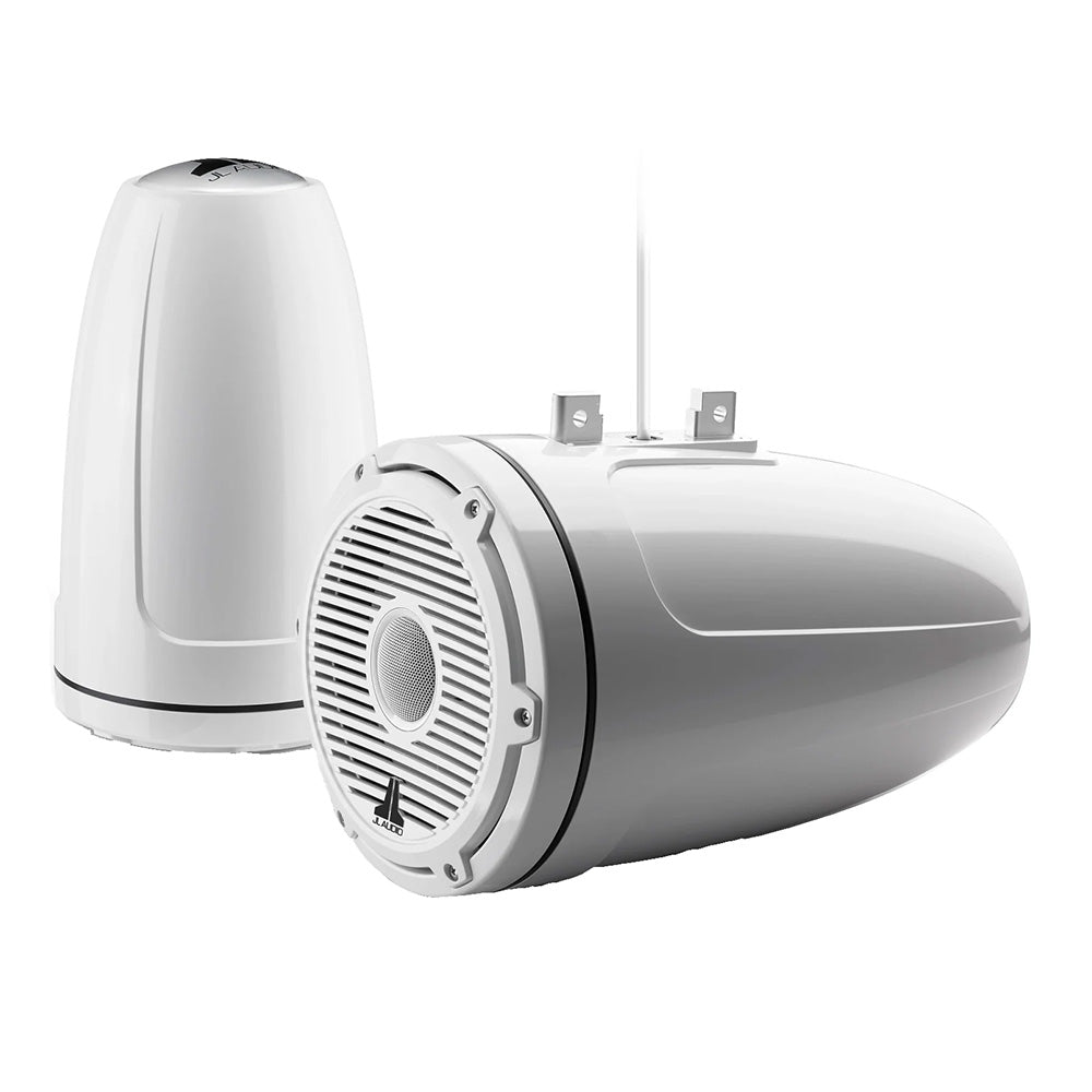 White JL Audio marine speakers with grille and mounting brackets for boat audio systems