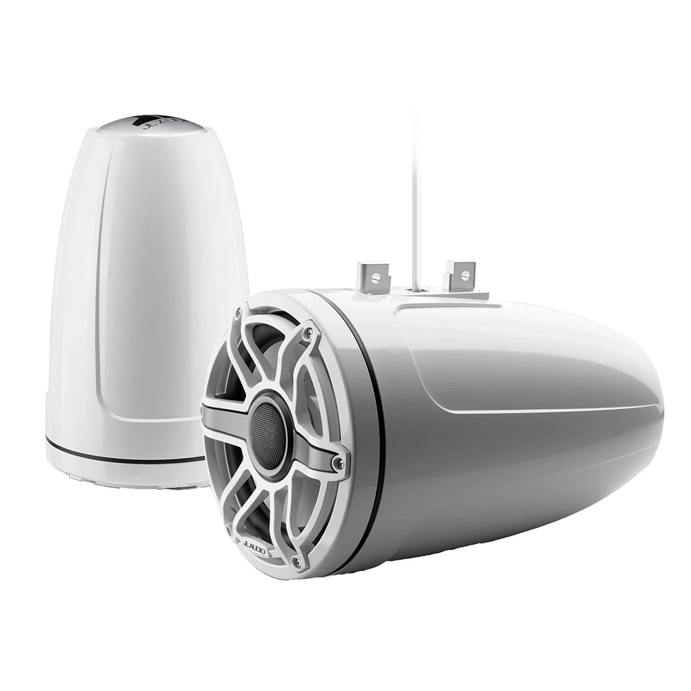 White JL Audio marine speakers with sleek design and mounting brackets for boat audio installation