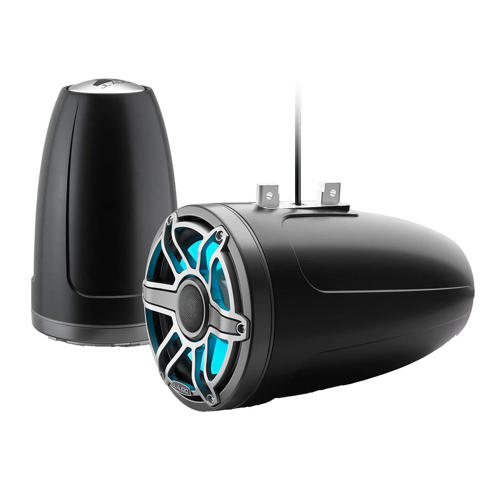 JL Audio marine speakers with blue LED lighting, black housing, and mounting brackets for boat audio systems