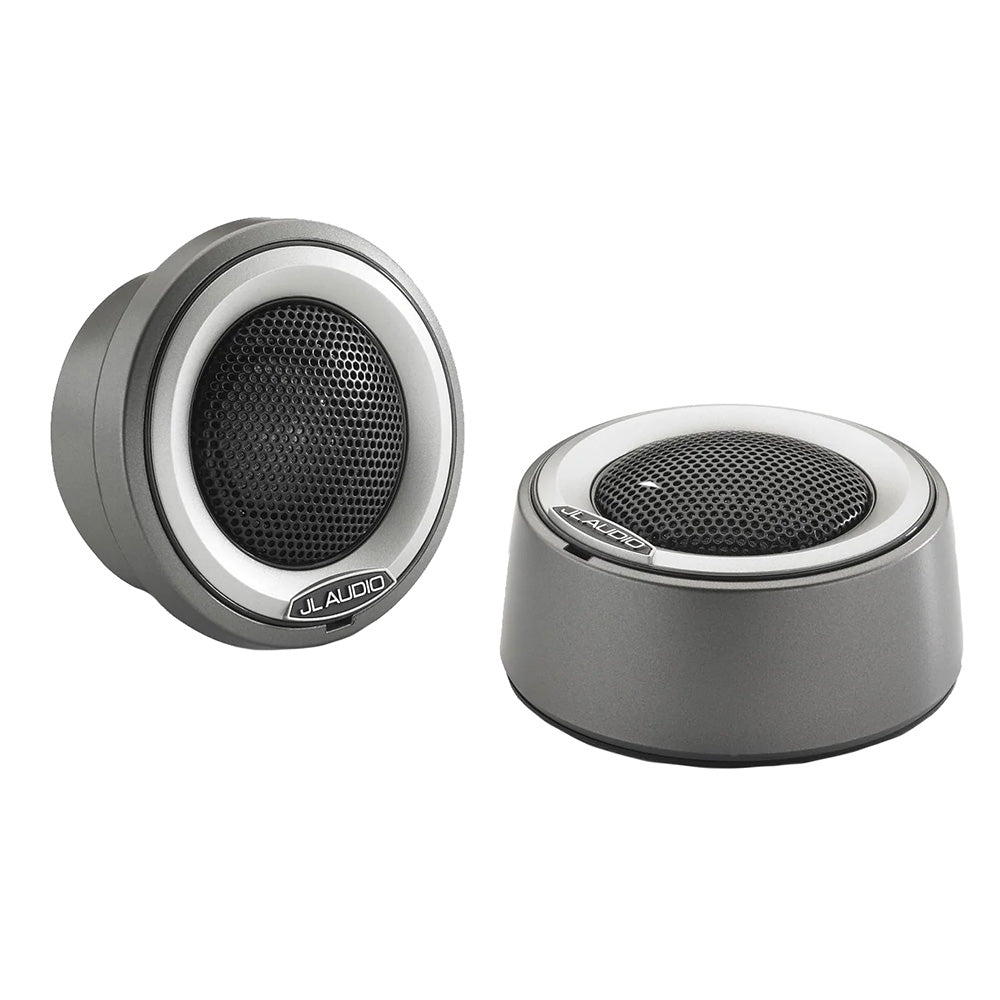 JL Audio car tweeters with sleek silver housing and black mesh grille for high-quality audio installation