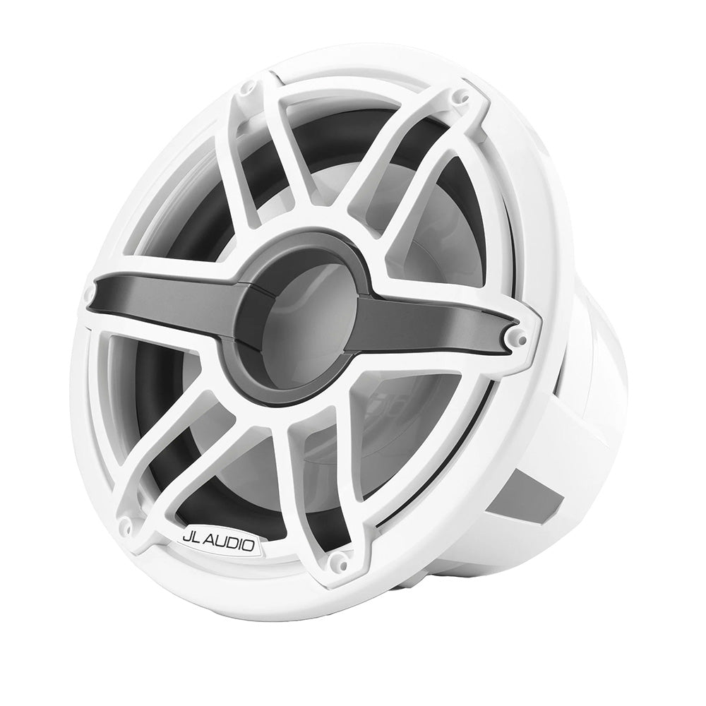 White JL Audio marine speaker with rugged grille, ideal for boat audio systems and outdoor use